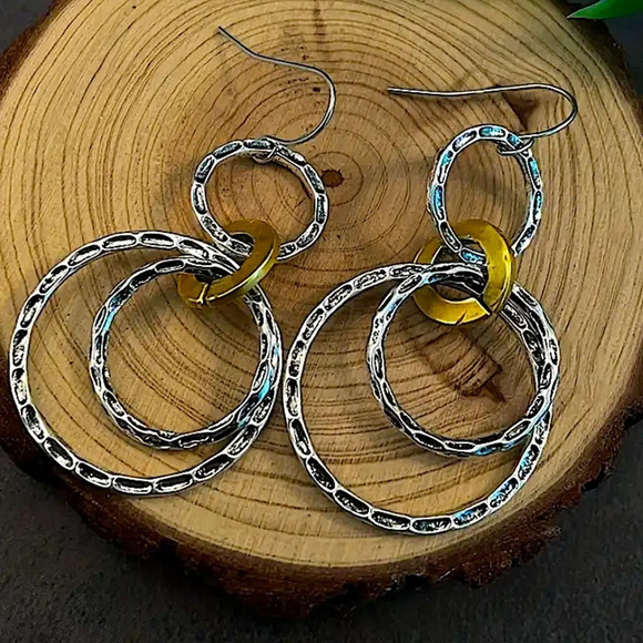 Circular Boho Geometric Earrings Gold and Silver Two atone - Picture 2 of 4